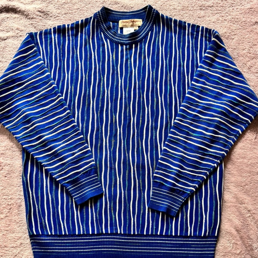 Norm Thompson Men’s Sweater Textured 3D Blue Chunky Knit 90's Vintage Size Large